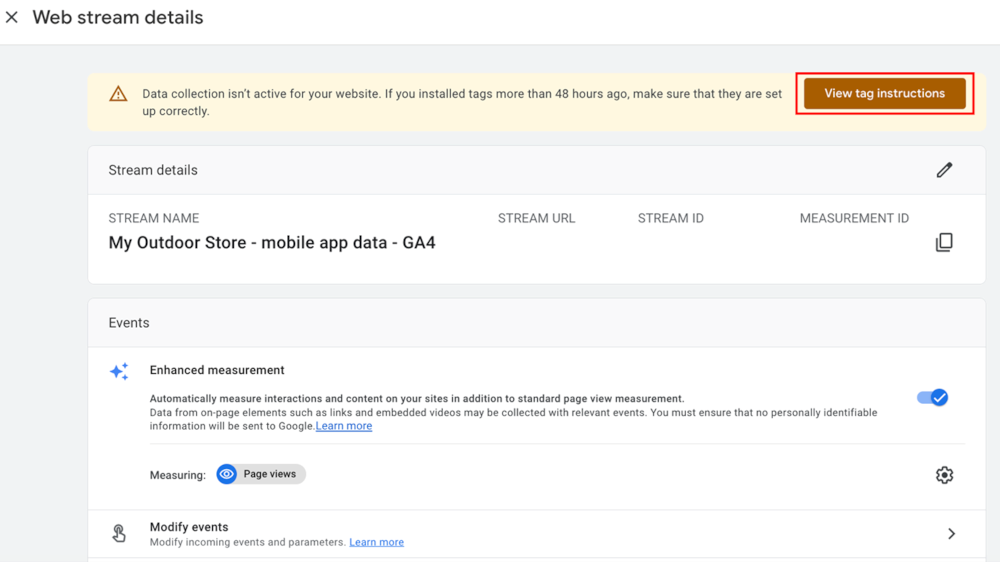 Screenshot of Google Analytics 4 'web stream details', with an orange button highlighted saying 'view tag instructions'