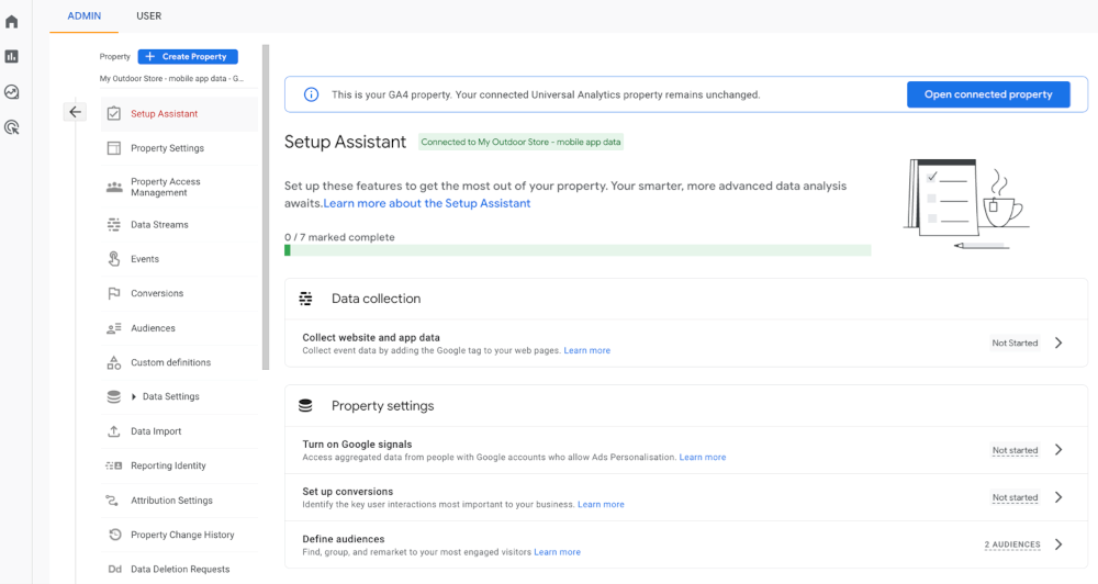 Screenshot of Google Analytics 4 Setup Assistant, with 7 items to complete from Data collection to Property settings.